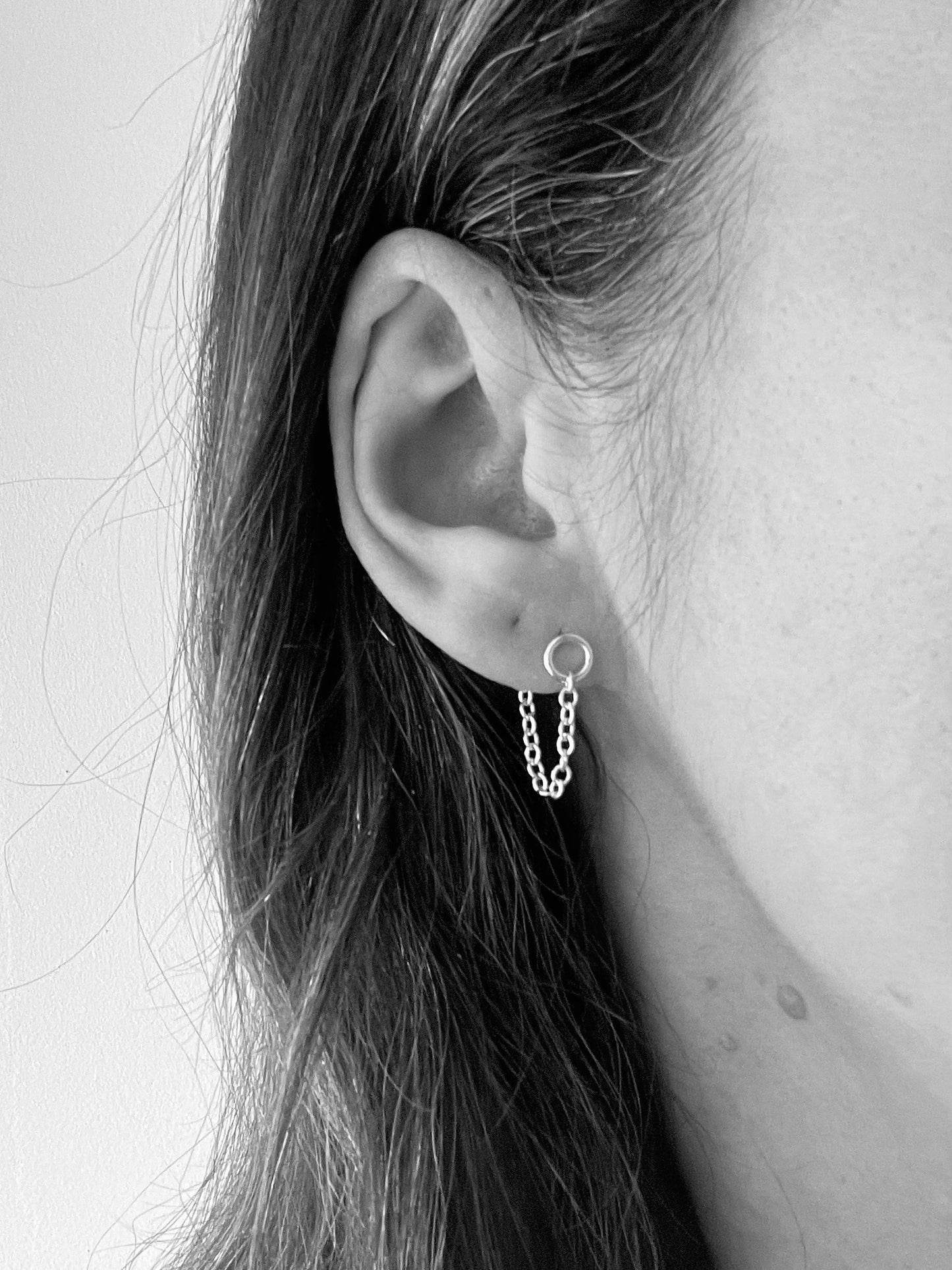 Silver chain stud earrings, chain ear jackets