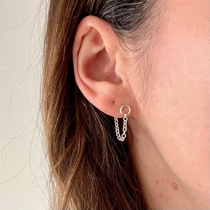 Silver chain stud earrings, chain ear jackets
