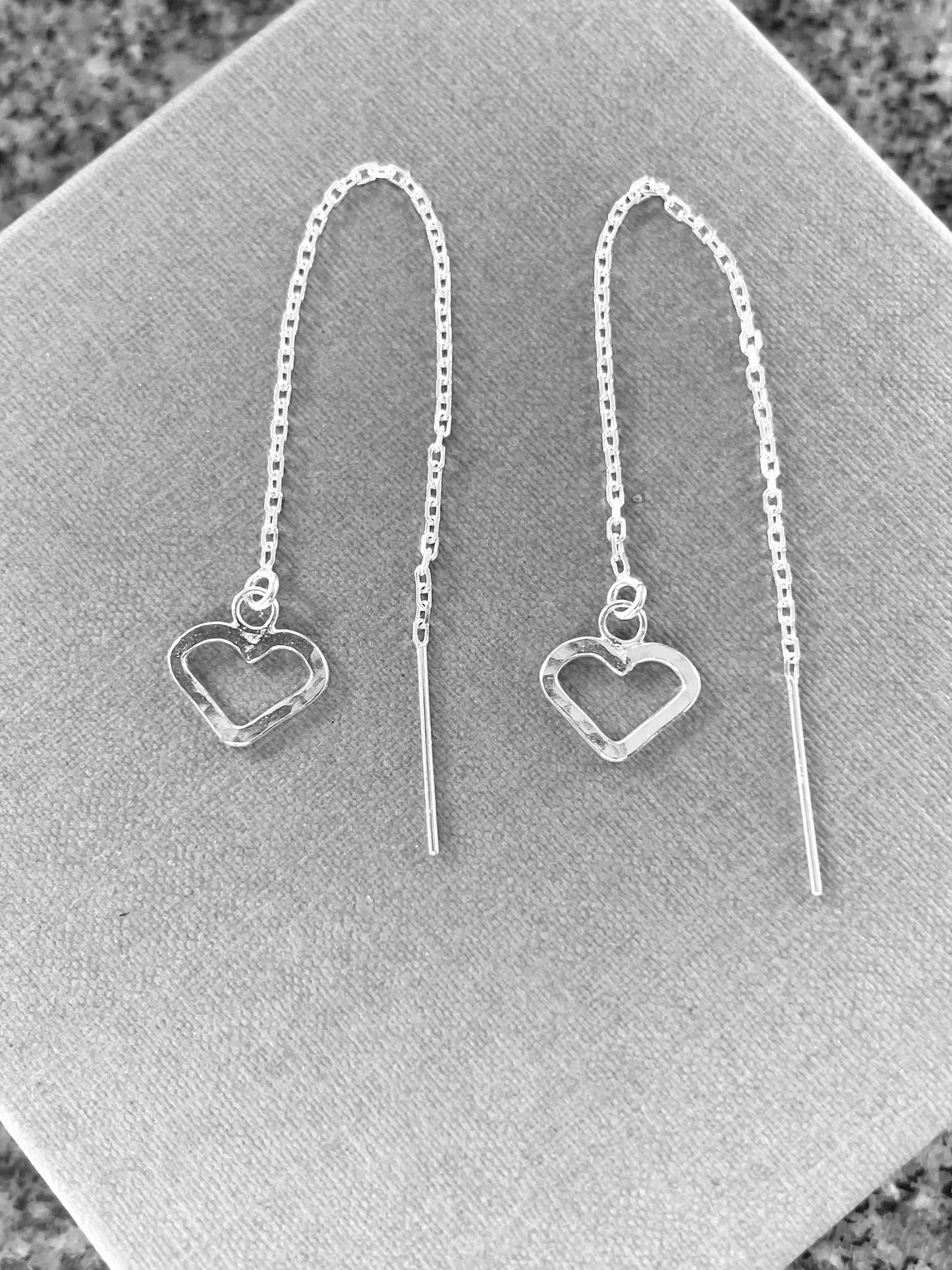 Silver heart chain threader earrings