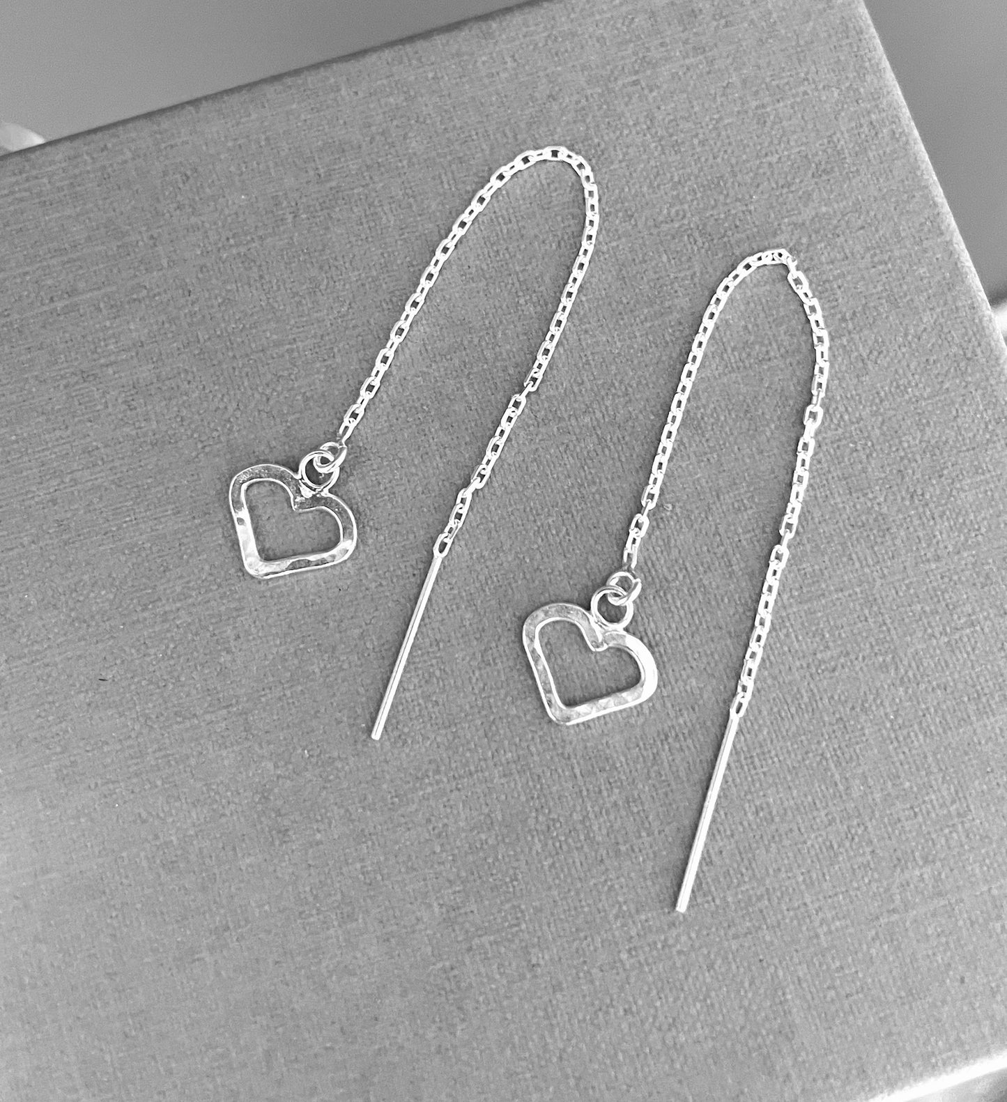 Silver heart chain threader earrings