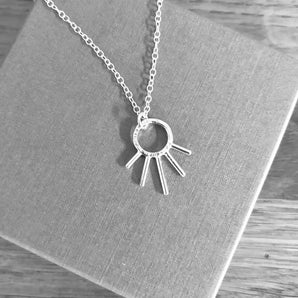 Sterling silver sun burst necklace, silver sun necklace