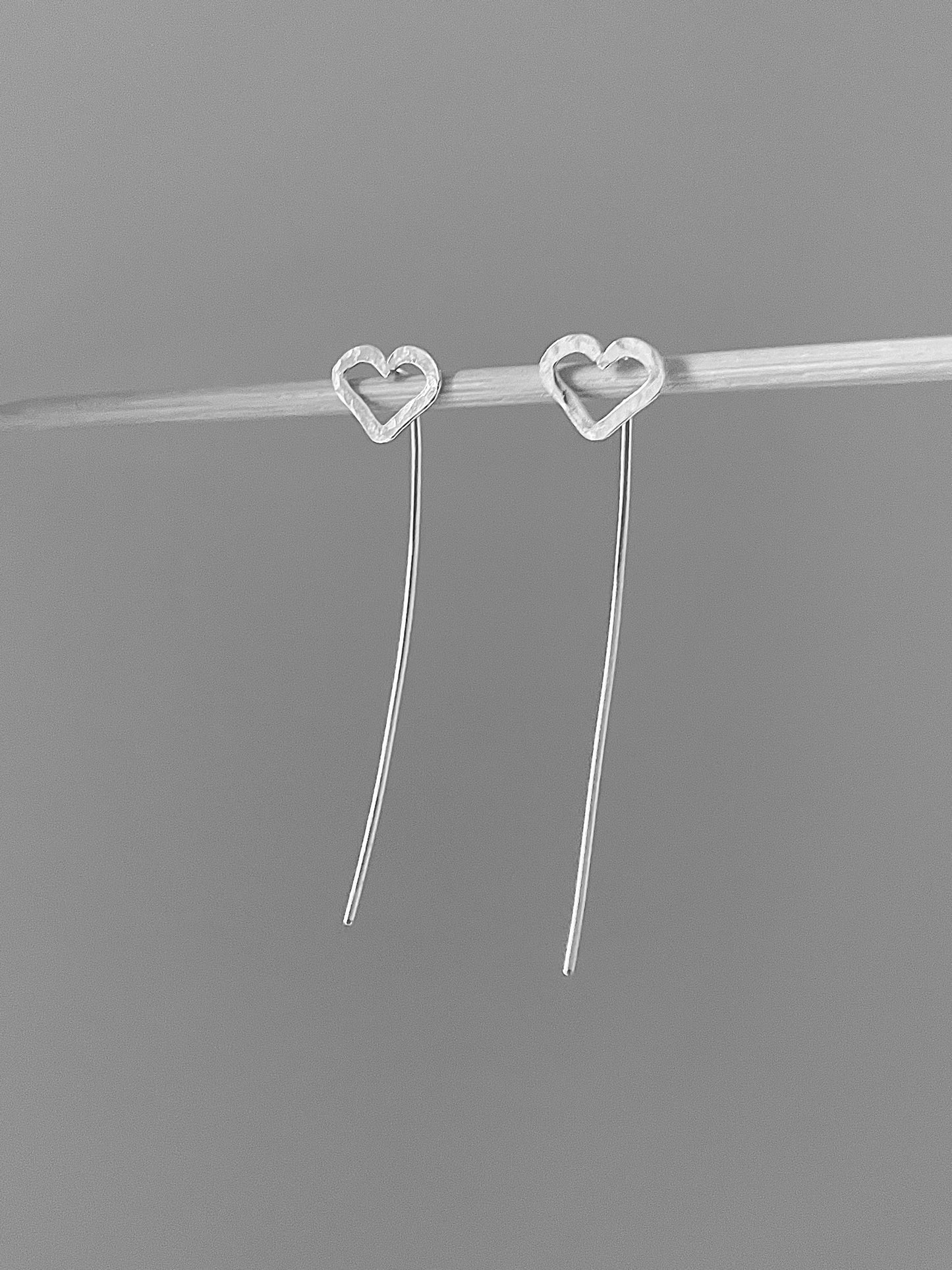 Heart threader earrings in sterling silver, long heart pull through earrings