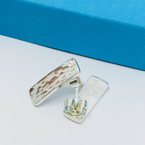 Hammered silver rectangle stud earrings