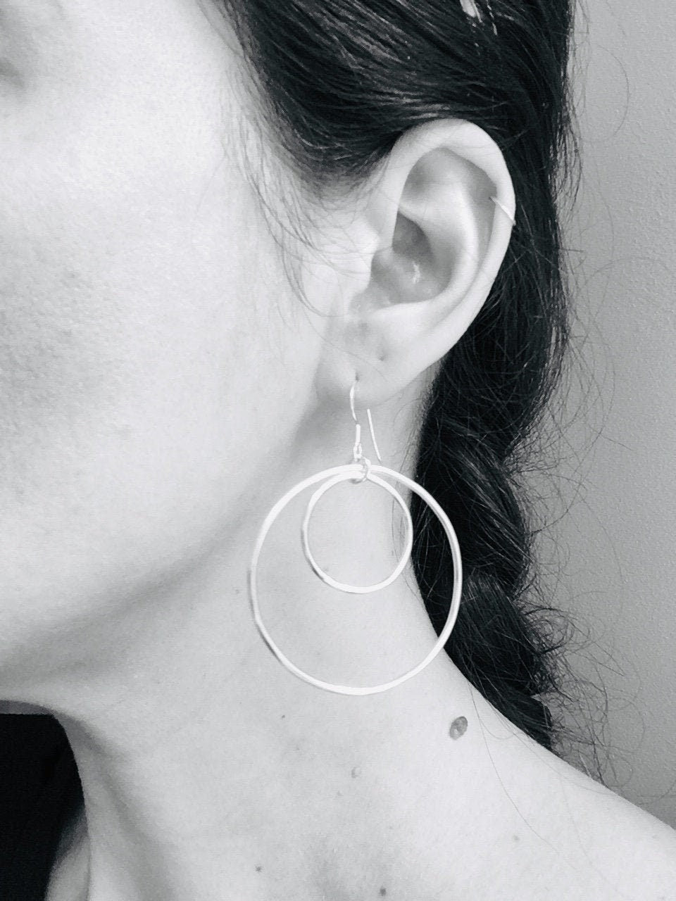 Large silver circle statement earrings, geometric circle earrings