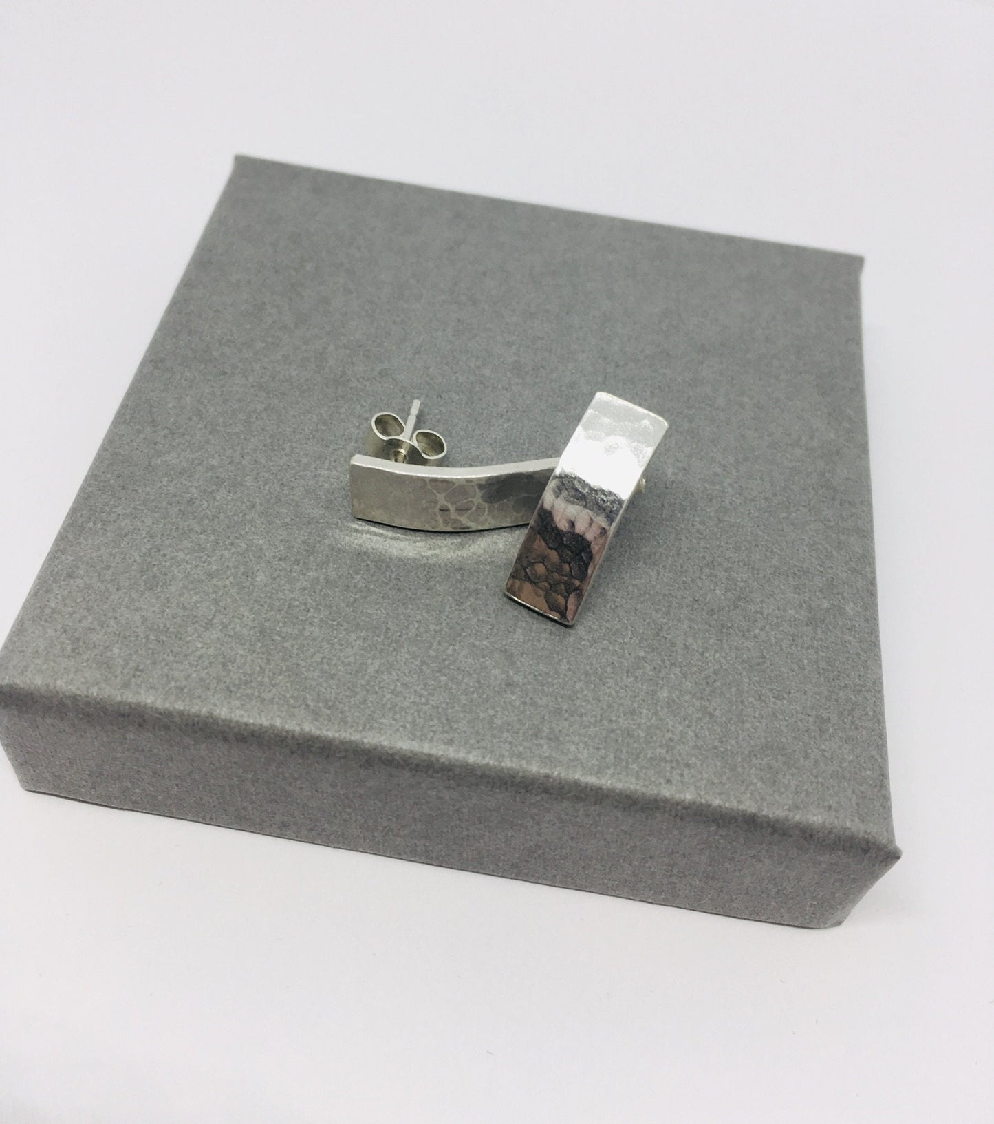 Hammered silver rectangle stud earrings
