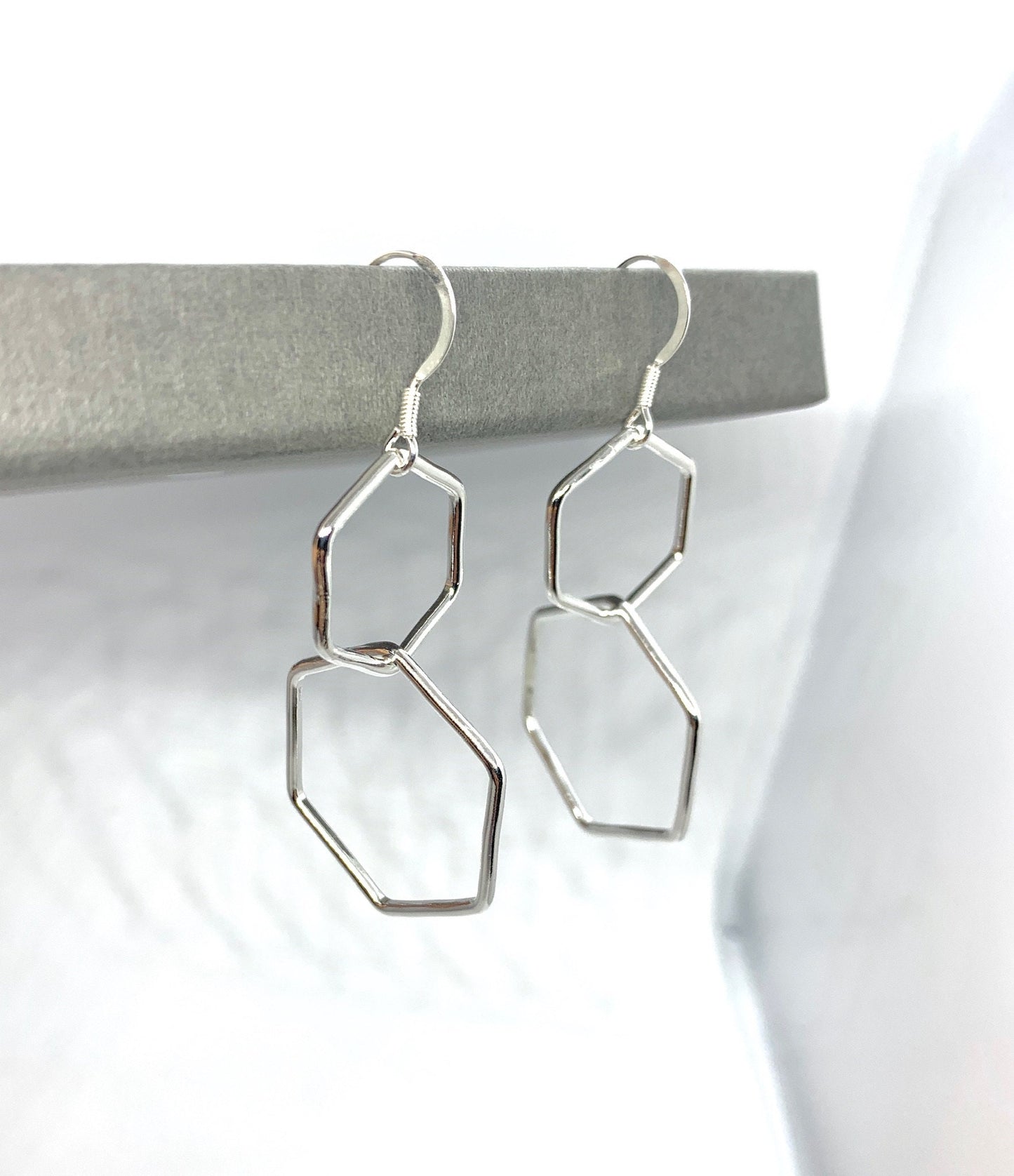 Large silver hexagon earrings, large geometric earrings