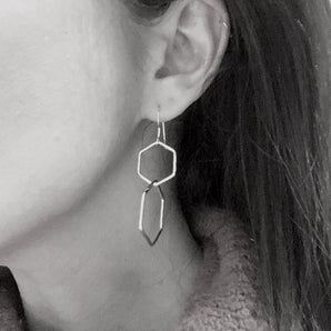 Large silver hexagon earrings, large geometric earrings
