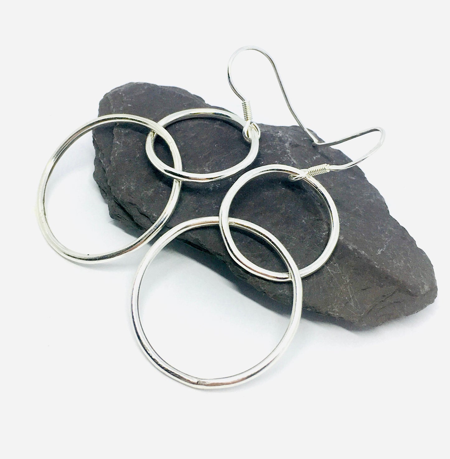 Large silver circle earrings, double circle earrings