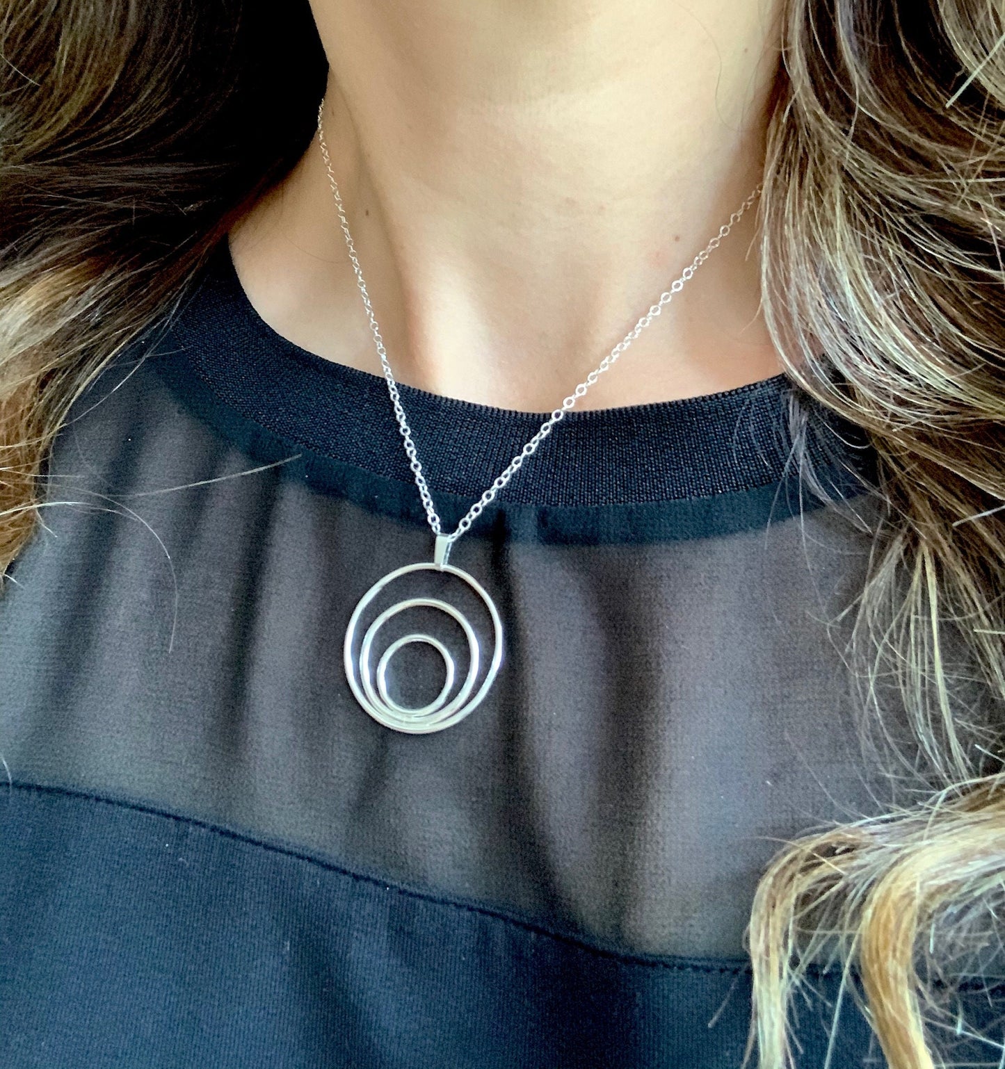 Silver three circles necklace, large silver circle necklace