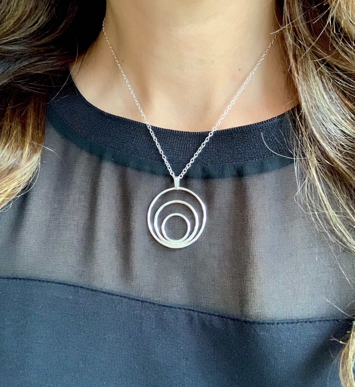 Silver three circles necklace, large silver circle necklace