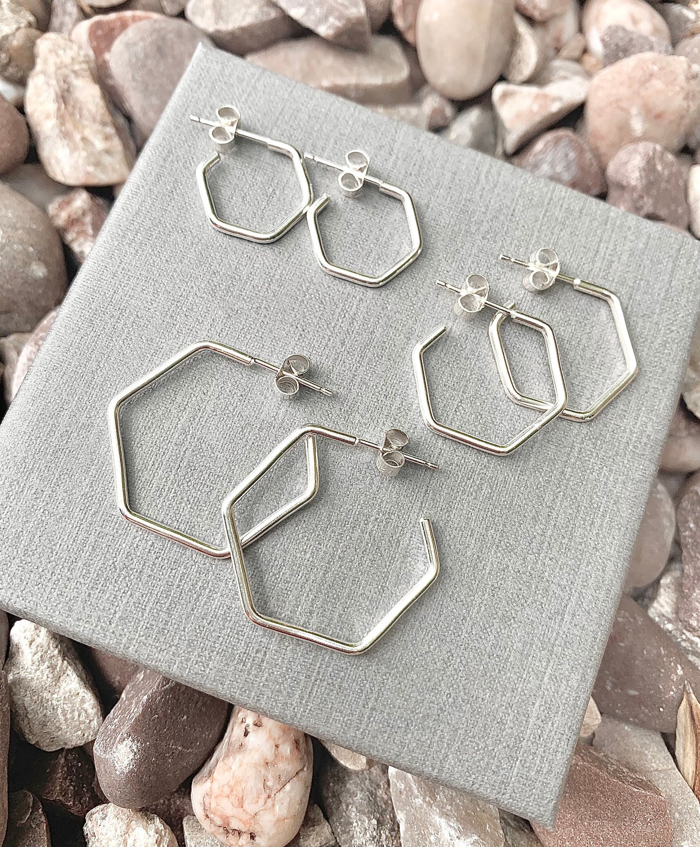 Hexagon hoop earrings (pair), sterling silver hexagon hoops