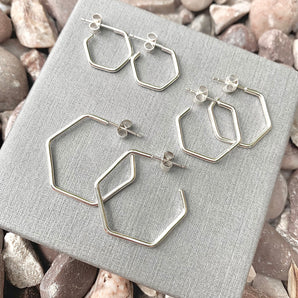 Hexagon hoop earrings (pair), sterling silver hexagon hoops