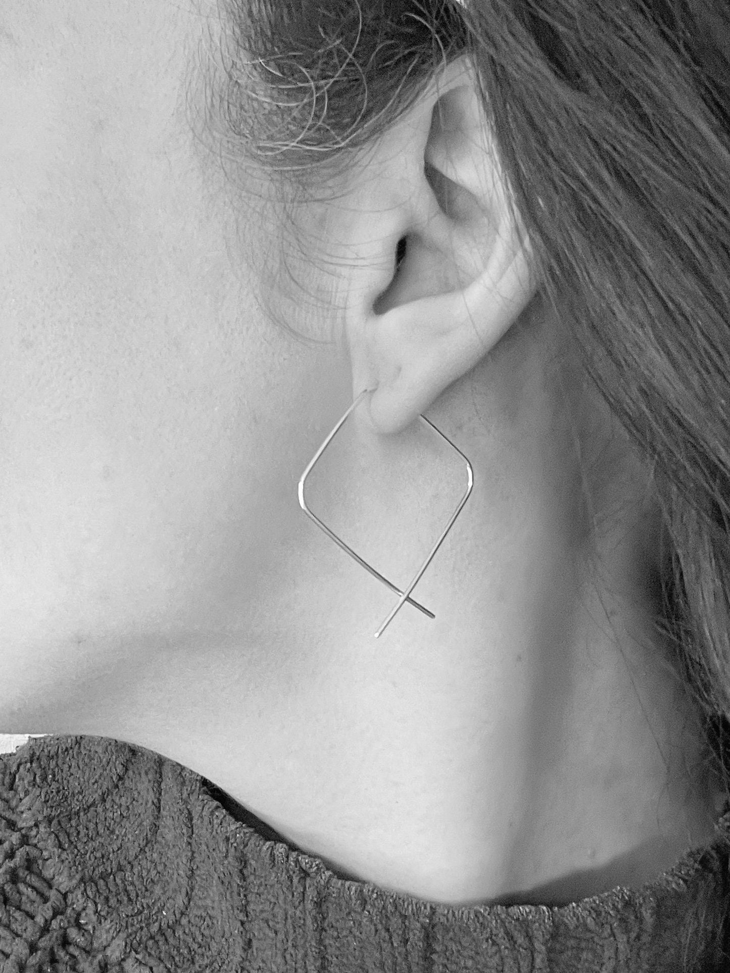 Square silver threader earrings, silver square hoops