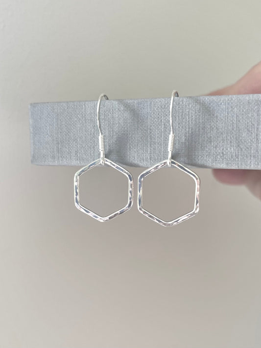 Small silver hexagon earrings