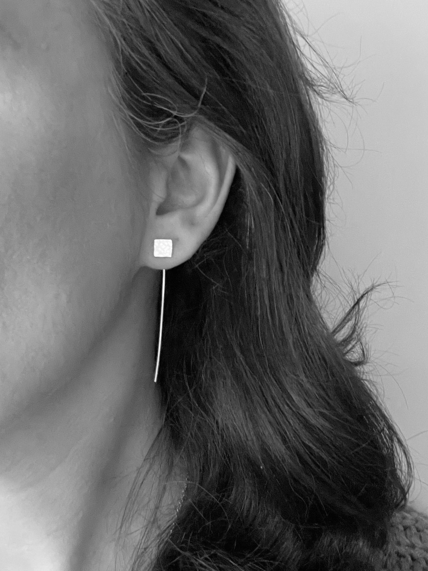 Sterling silver square threader earrings, silver pull through earrings